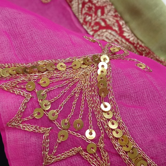 Antique Vintage Batik Sheer Pink Red Green Gold Sequins Embroidered Pillow Sham - Picture 3 of 13